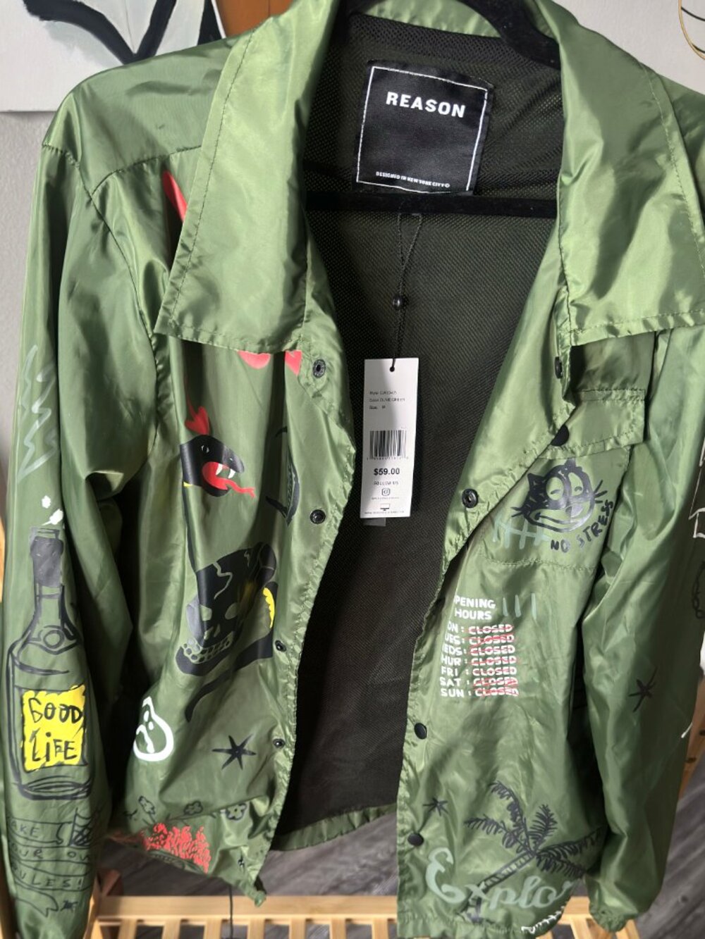 Reason Olive Green Graphic Coach Jacket Men's Medium Streetwear